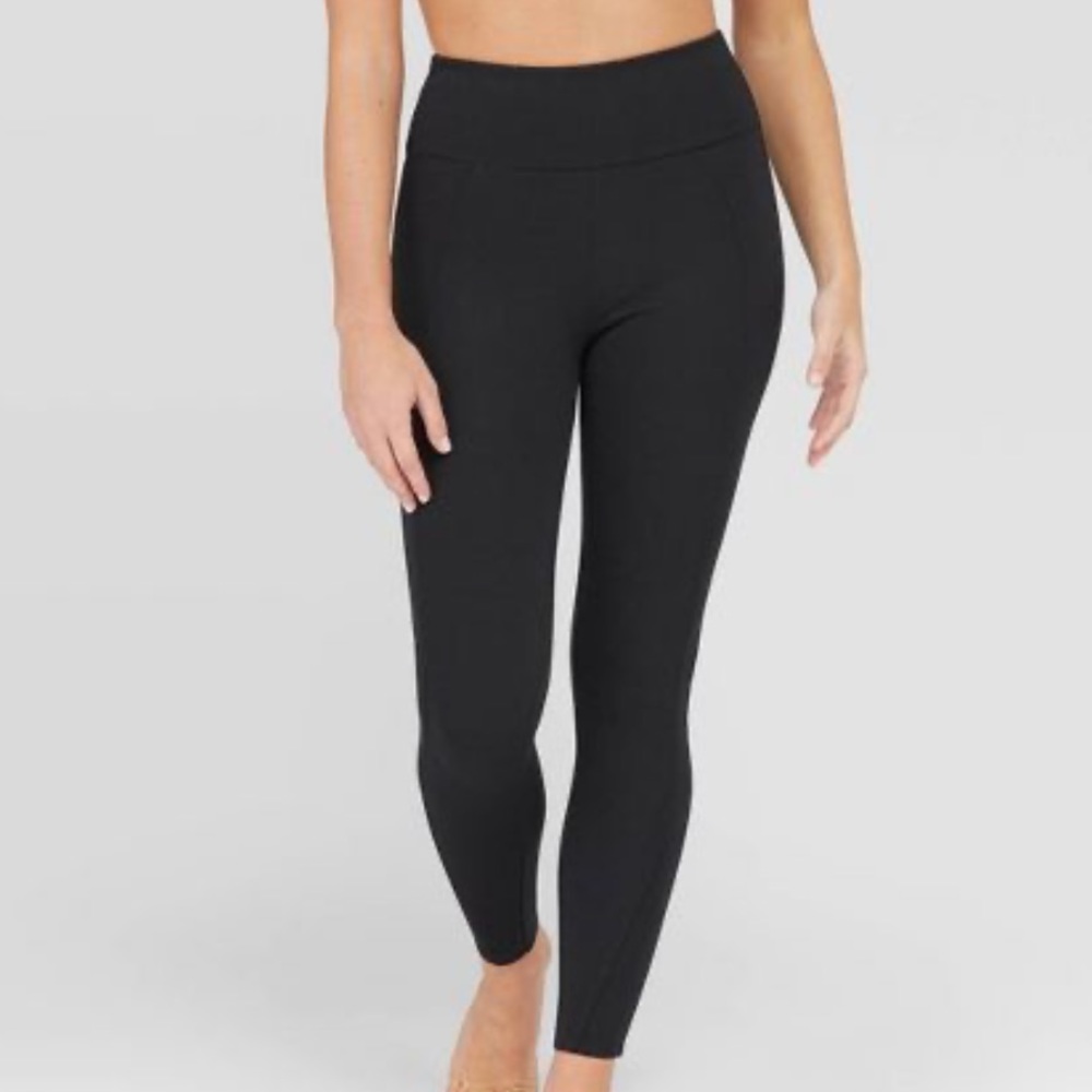 Assets By Spanx Black Ponte Shaping Leggings Mid Rise Piped Casual Women Medium